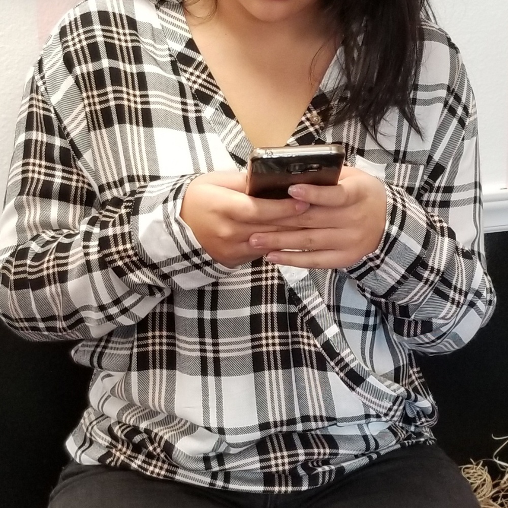 Black and cream plaid faux wrap button up shirt - Picture 3 of 3